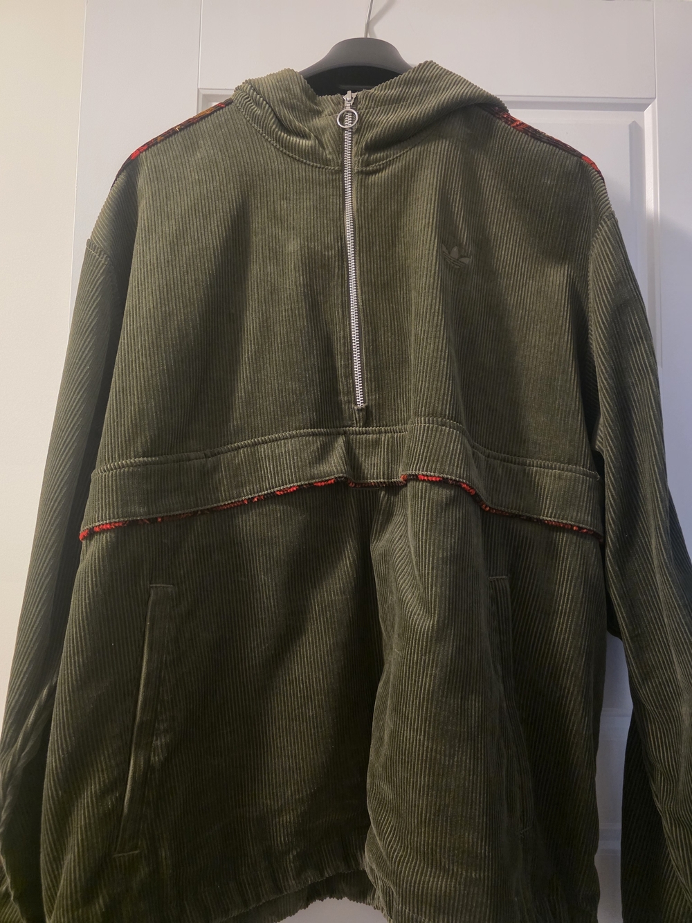 adidas Olive Green Corduroy Half-Zip Pullover with Red Trim